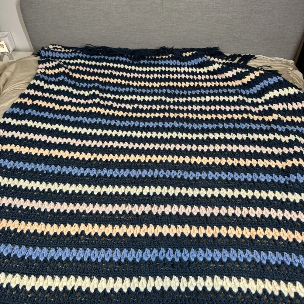 Vtg Colorful Fringe Bobble Crochet Knit Heavy Blanket Afghan 76
